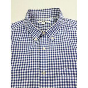 Uniqlo Size Medium Mens Blue White Check Button Down Long Sleeve Cotton Shirt